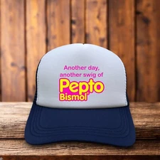 Pepto Bismol Mens Trucker Hat Navy Snapback Digestive Medicine Meme Baseball Cap