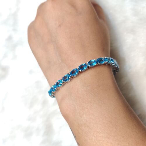 925 Sterling Silver Tennis Bracelet Natural Swiss Blue Topaz Gemstone