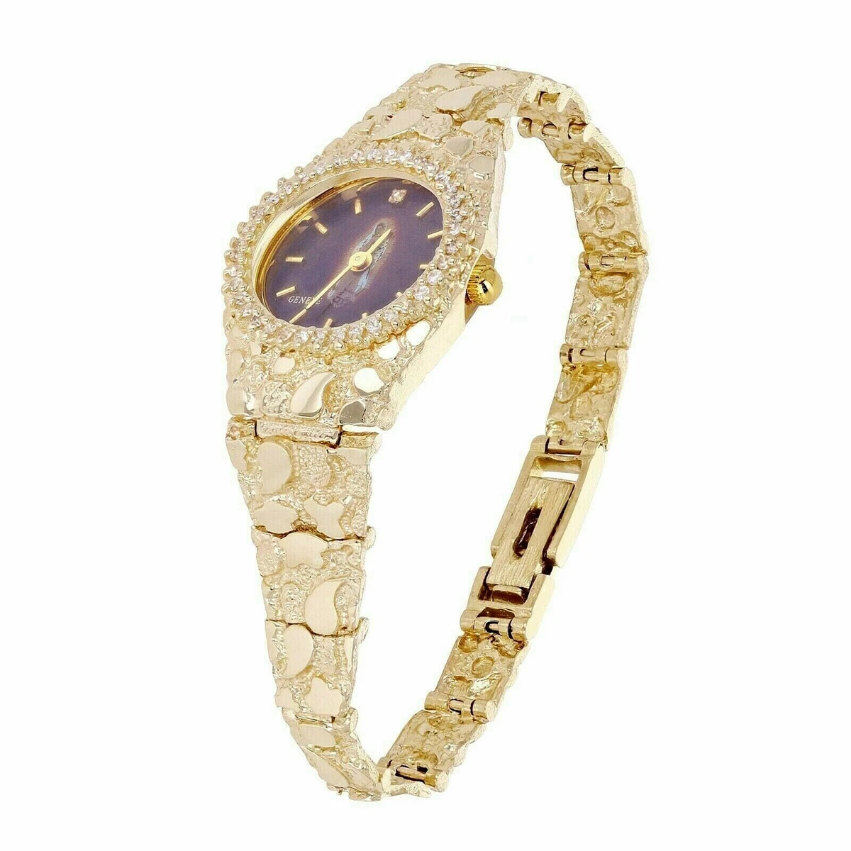 14k Yellow Gold Nugget Wrist Watch Guadalupe Geneve Diamond Watch 6.5 7