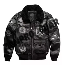 Men's Avirex Black G-1 Flight Aviator Bomber Jacket Real Cowhide Leather Jacket
