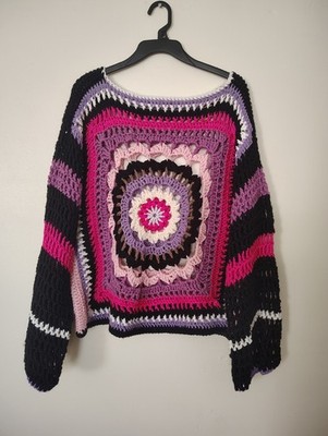 OOAK Crochet Mandala Sweater pink purple black and white