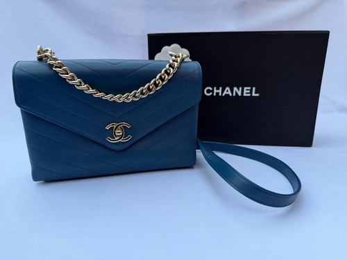 Chanel Authentic Medium Coco Chevron Flap Bag Blue Calfskin Gold Hardware