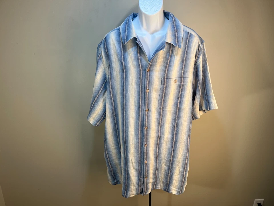 Camisa de campamento The Territory Ahead para hombre azul y marfil mezcla de lino grande alta LT Foto 2 de 4