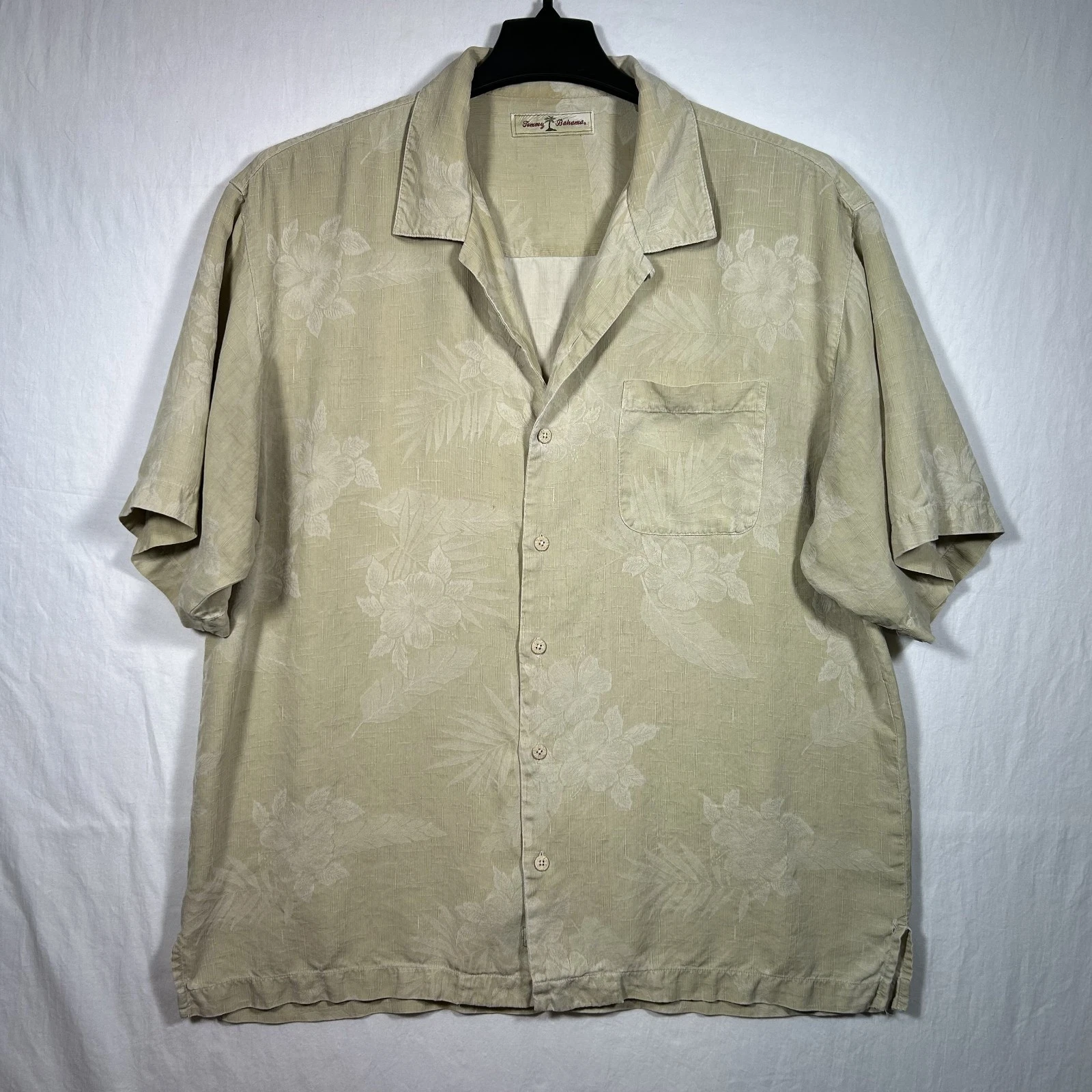 Tommy Bahama Beige 100% Silk Hawaiian Tropical Floral Shirt Mens XL