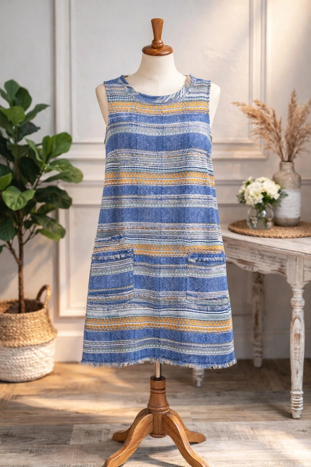 Anthropologie AKEMI & KIN Dress Women Size 10 Medium Blue Stripe Tweed Fringe