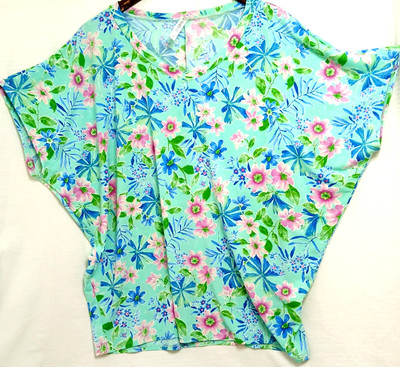 Dear Scarlett Womens Top L Aqua Blue Pink Floral Dolman Stretch Blouse Boho