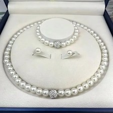 Round White Freshwater Pearl Necklace Earrings Bracelet Set Womens Pearl Jewelry