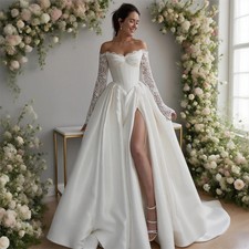 Elegant Satin A-Line Wedding Off Shoulder Lace Appliques Sleeves Side Slit Gown