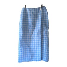 Vintage Talbot 100 Irish Linen Midi Skirt Wrap Front Blue Checked 13