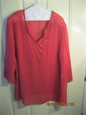I.N. Studio Womens Peasant Blouse, deep coral with bead work Size 3X  (E-47)