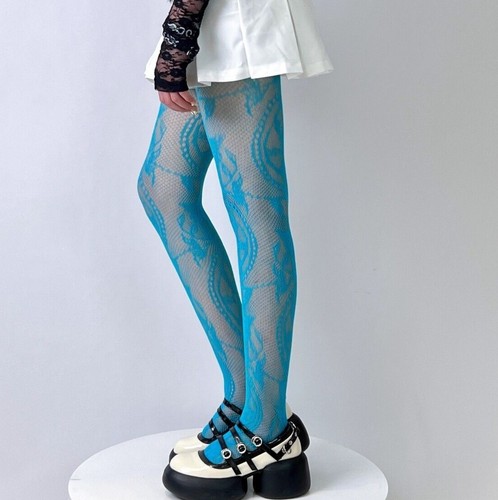 fishnet tights lace FLORAL SWIRL mesh pattern mod 8/10/12/14 rave Y2K retro - Picture 29 of 31