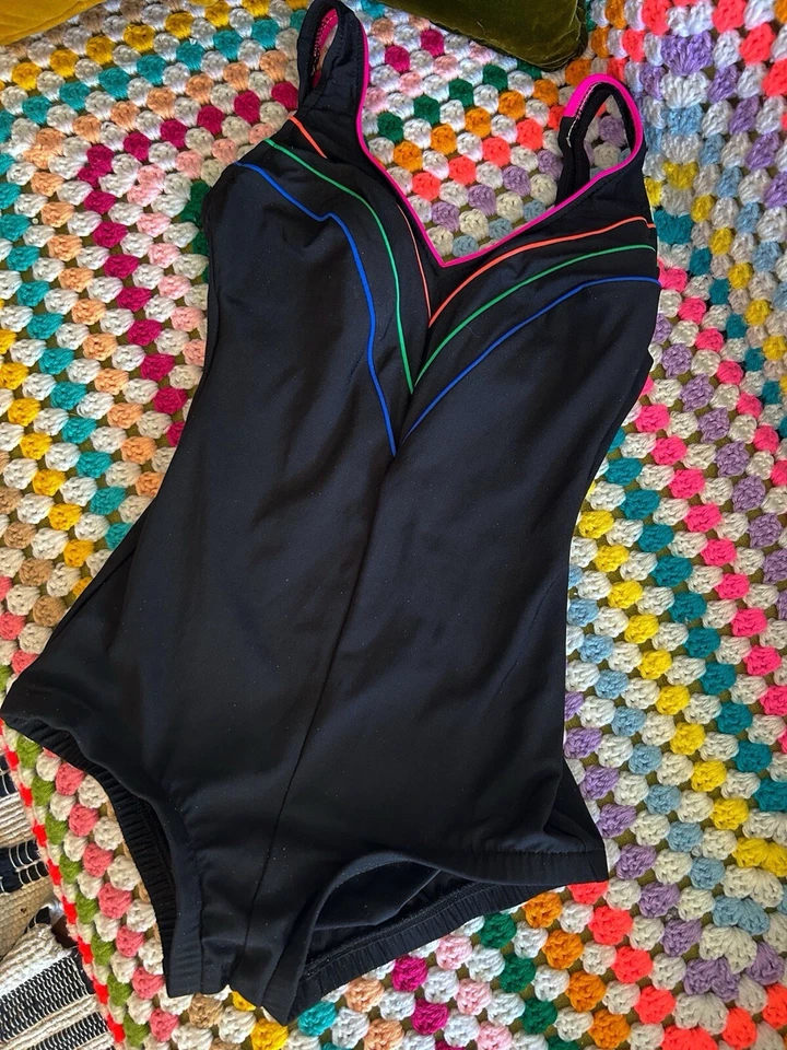 Vtg Retro CUTE Le Cove Swimsuit Black Neon Stripe PinUp Rockabilly UNION MADE SM - Image 3 of 4