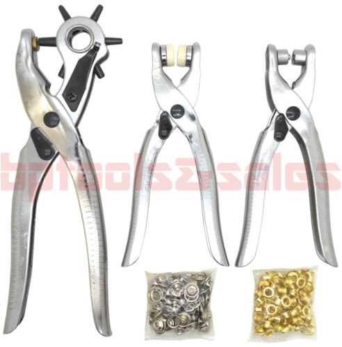 3pc LEATHER HOLE BELT PUNCH + EYELET PLIER + SNAP BUTTON GROMMET SETTER TOOL KIT - Picture 1 of 1