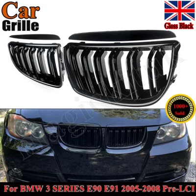 FOR BMW 3 SERIES E90 E91 DUAL SLAT GLOSS BLACK FRONT KIDNEY GRILLE 05-08 PRE-LCI - Image 1 of 4
