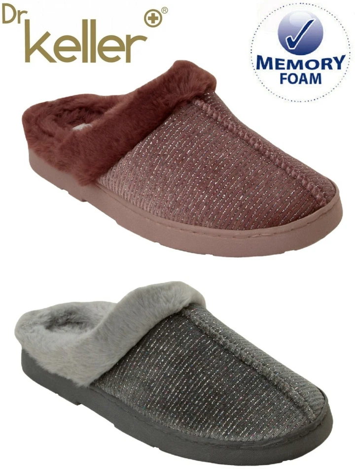 DR KELLER LADIES GLITTER MEMORY FOAM COSY HARD SOLE SLIPPERS WOMENS MULES SIZE