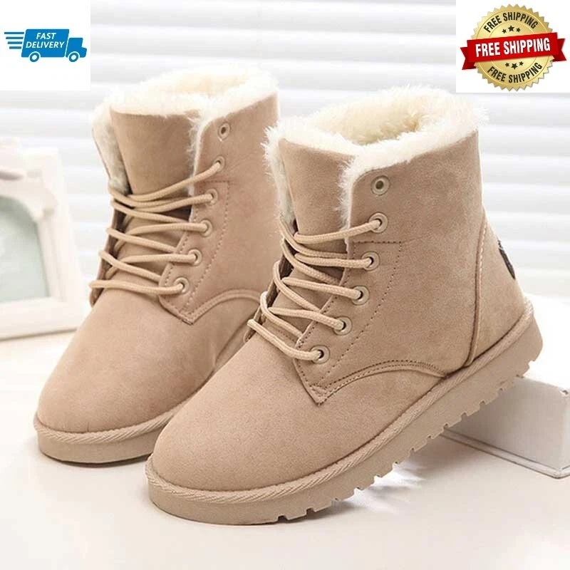 Waterproof Winter Women Shoes Snow Boots Fur lined Lace up Warm Ankle Size  US