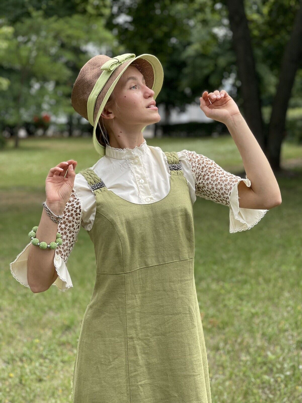 H.moser Mode aus Salzburg Green Linen long Dress … - image 3
