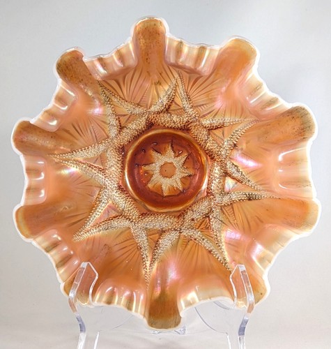 Dugan Glass Ski Star Footed Bowl Peach Opalescent 3 in 1 Crimp Compass Exterior - Picture 1 of 9