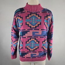 Vintage 80's Nuovo Turtle Neck Knit Sweater M Southwest Aztec Cotton Ramie