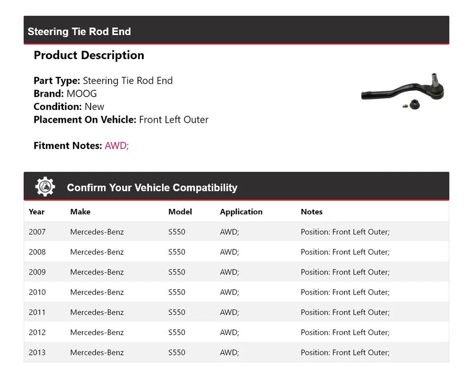 Para Mercedes-Benz S550 2007-2013 AWD extremo de barra de dirección delantero izquierdo exterior MOOG Foto 2 de 4