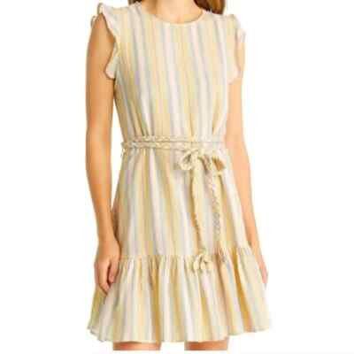 Marine Layer Womens Laney Mini Dress Linen Striped Ruffle Hem Beachy  Large NWT
