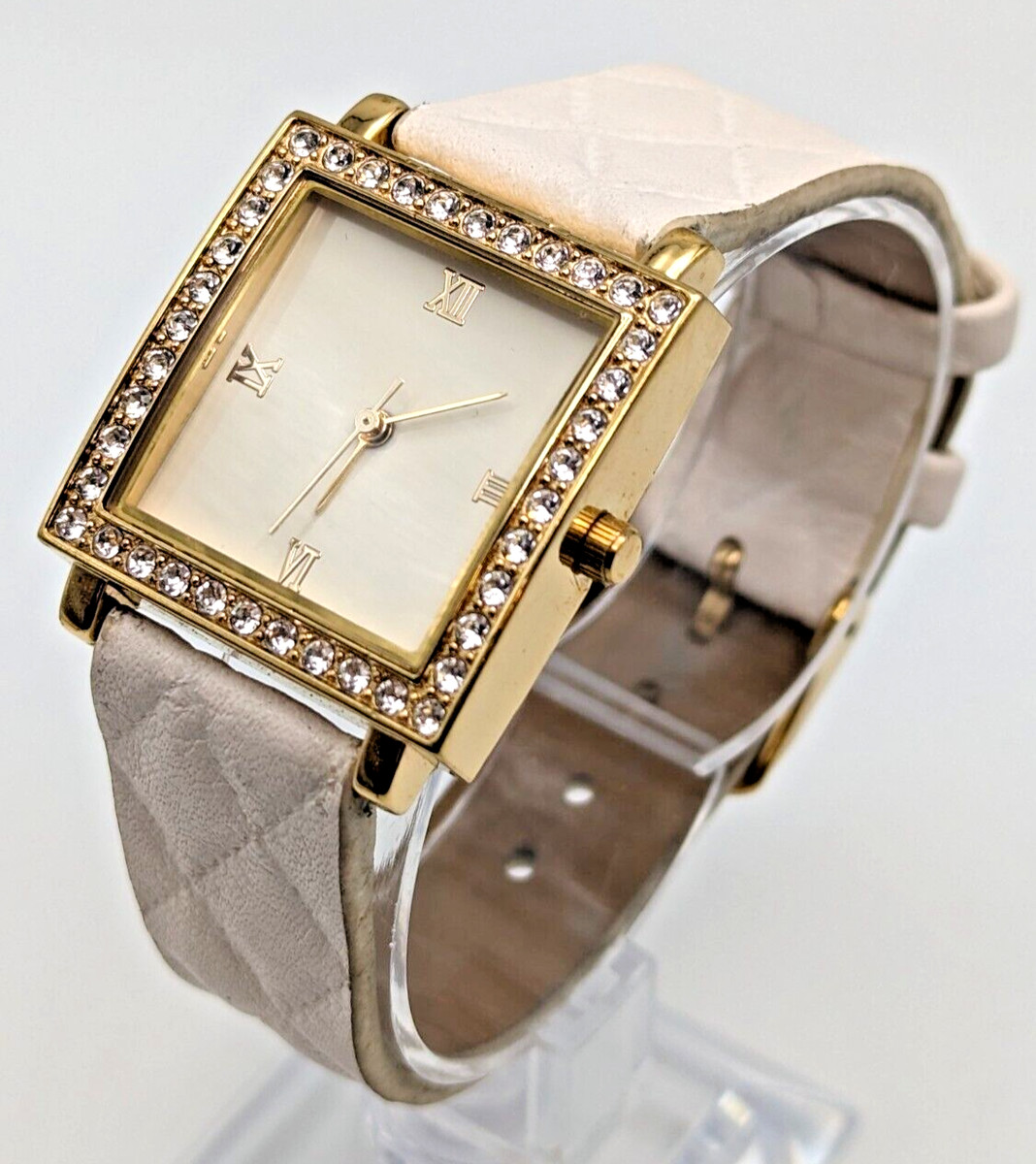 TCZ Ladies Quartz Watch Rhinestone Bling Bezel White Face and Band  New Battery