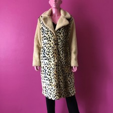 Faux Fur Leopard Cheetah Longline Coat Pocket Cream Shearling Look Sleeve Collar