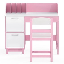 Kids Wooden Study Desk & Chair w/ Storage Cabinets-Pink