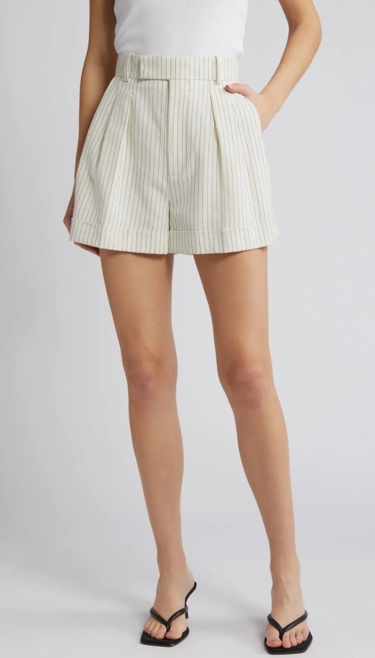 NWT Frame Pleated Wide Cuff Shorts High Rise Cream Striped Size US 6 [jb]
