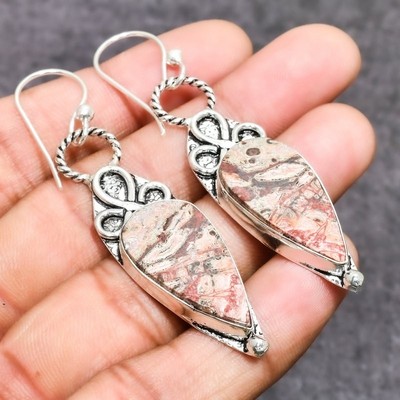 Leopard Skin Gemstone Handmade 925 Sterling Silver Jewelry Earring 2.46'' Z344
