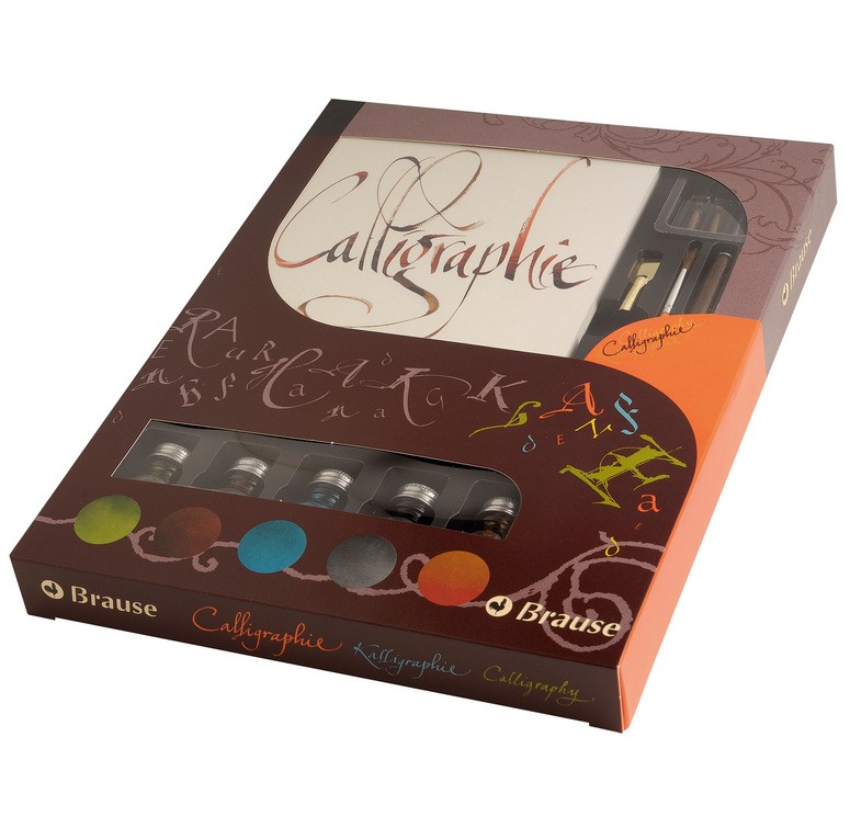 Coffret de calligraphie Brause pour offrir : set d'écriture complet avec encres et plumes
