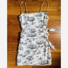 Reformation Marseille 100% Linen Minidress Wrap Dress Sz 6 Foxhunt Blue & White