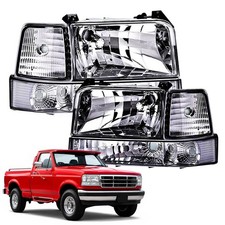 92-96 Ford F150 F250 F350 Bronco Clear Headlights Chrome Housing Clear Reflector