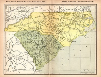 1902 Antique North Carolina South Carolina Railroad Map Railway Map 2904