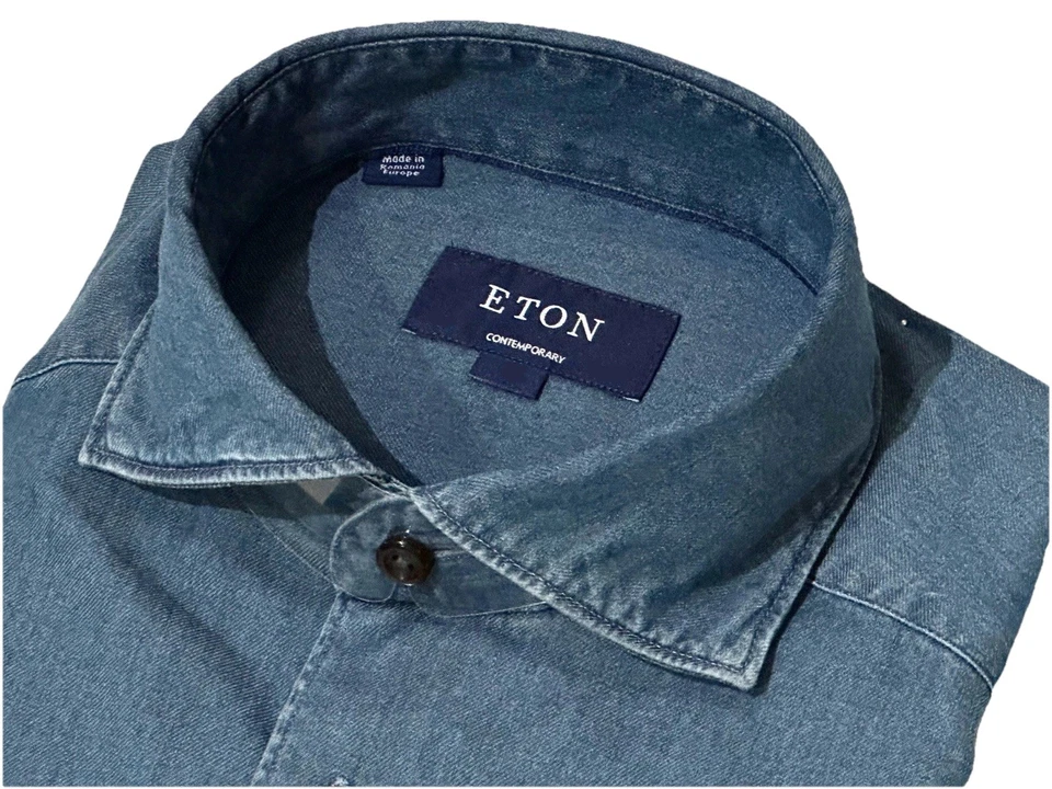 $395 NEW ETON DRESS SHIRT CASHMERE COTTON INDIGO DENIM L 16.5 42 CONTEMPORARY - Image 2 of 4