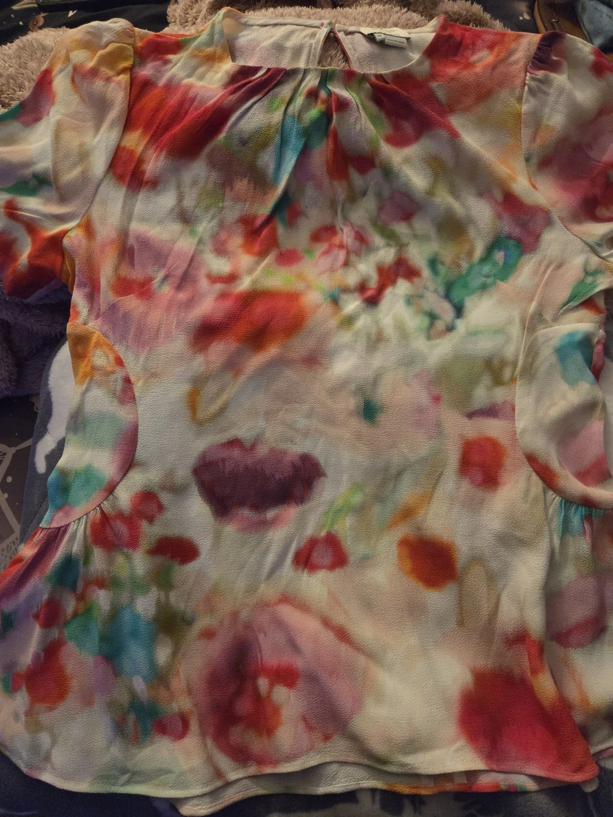 Top blusa Kate Spade taglia 14 rosso stampa floreale viscosa manica corta peplo zip