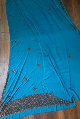 Womens Indian Saree Teal With Brown Sequin  Flowers Approximately 17 feet Long