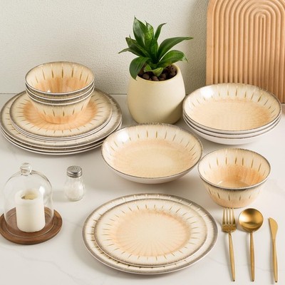 MissYip Melamine Dinnerware Set, 16 Piece for 4, Unbreakable Kitchen Plastic ...