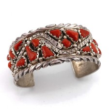 Zuni Signed Wayne Cheama Sterling Red Coral Snake Cuff Bracelet #S5702-3