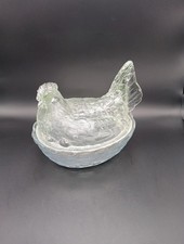 Vintage Brockwitz HEN ON A NEST Chicken Clear Depression Glass Lidded Dish