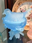 Vintage Westmoreland Blue Slag Satin Glass Bird on Nest Covered Dish Excellent