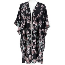 Butterfly Print Black Kimono Cardigan Y2K Whimsical Boho Duster L XL