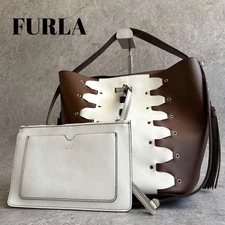 FURLA Vittoria Leather Bucket Bag 2-Way Brown Shoulder Crossbody Near Mint