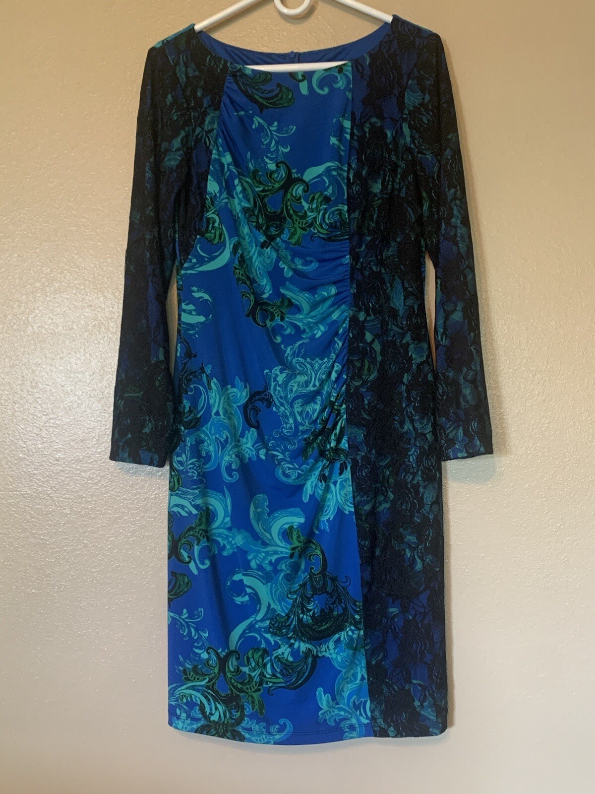 David Meister blue and black lace trimmed ruched dress size 12