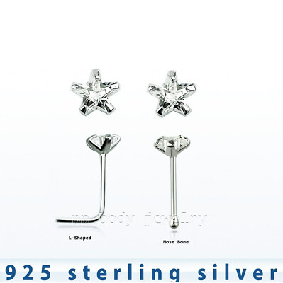 22g 3mm Star CZ Prong Set Nose Bone L-Shape 925 Sterling