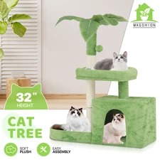 32" Cat Tree Tower Cat Scratcher Green-Leave Scratching Post Playing Condo House