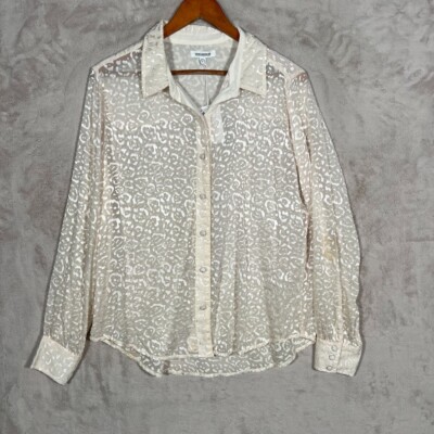 Good American Burnout Satin Shirt Womens Size 3 Sheer White Textured Ivory FLAW*