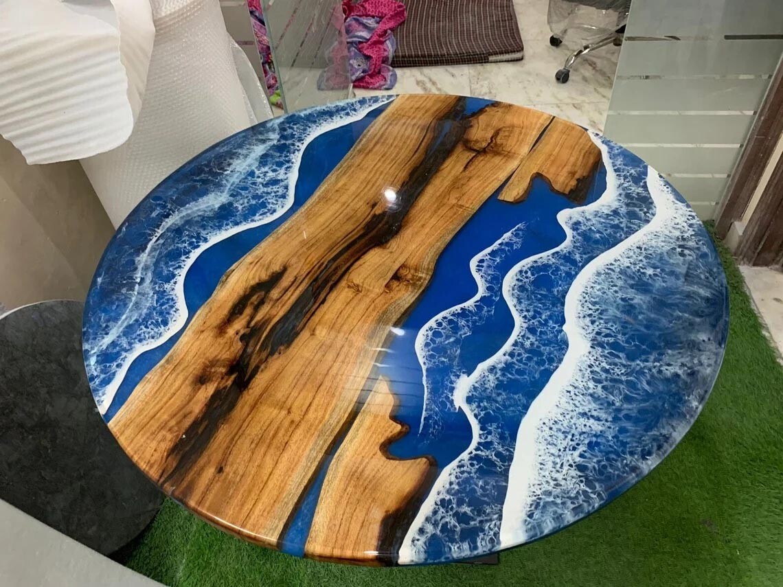Ocean Epoxy Round Coffee Table Top Handmade Wooden Furniture