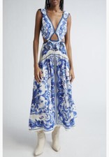 NWT $298 FARM Rio Garden Tiles Cutout Maxi Dress, OFF-WHITE/BLUE, X-Large!
