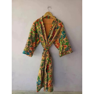 Indian Kimono Kantha Style Handmade Cotton Sleeve Sash 2 Pockets Woman Dress